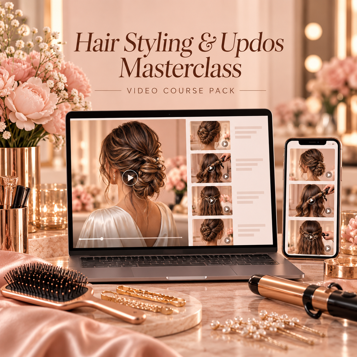 Hair Styling and Updos Video Course featuring braids, waves and elegant hair looks