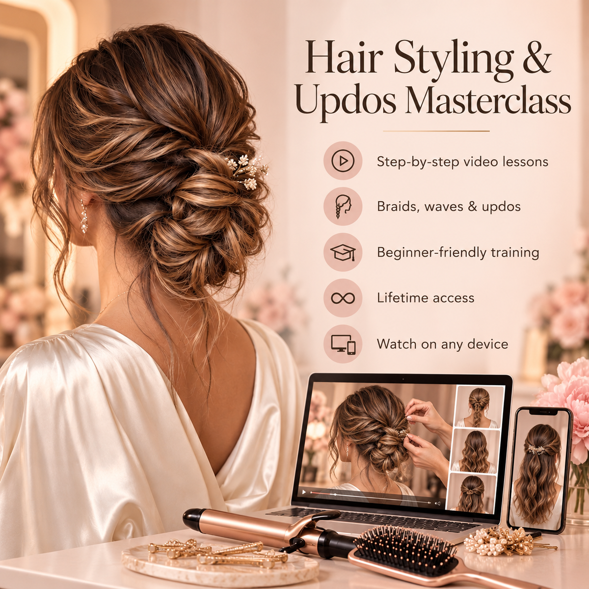 Hair Styling and Updos Video Course featuring braids, waves and elegant hair looks