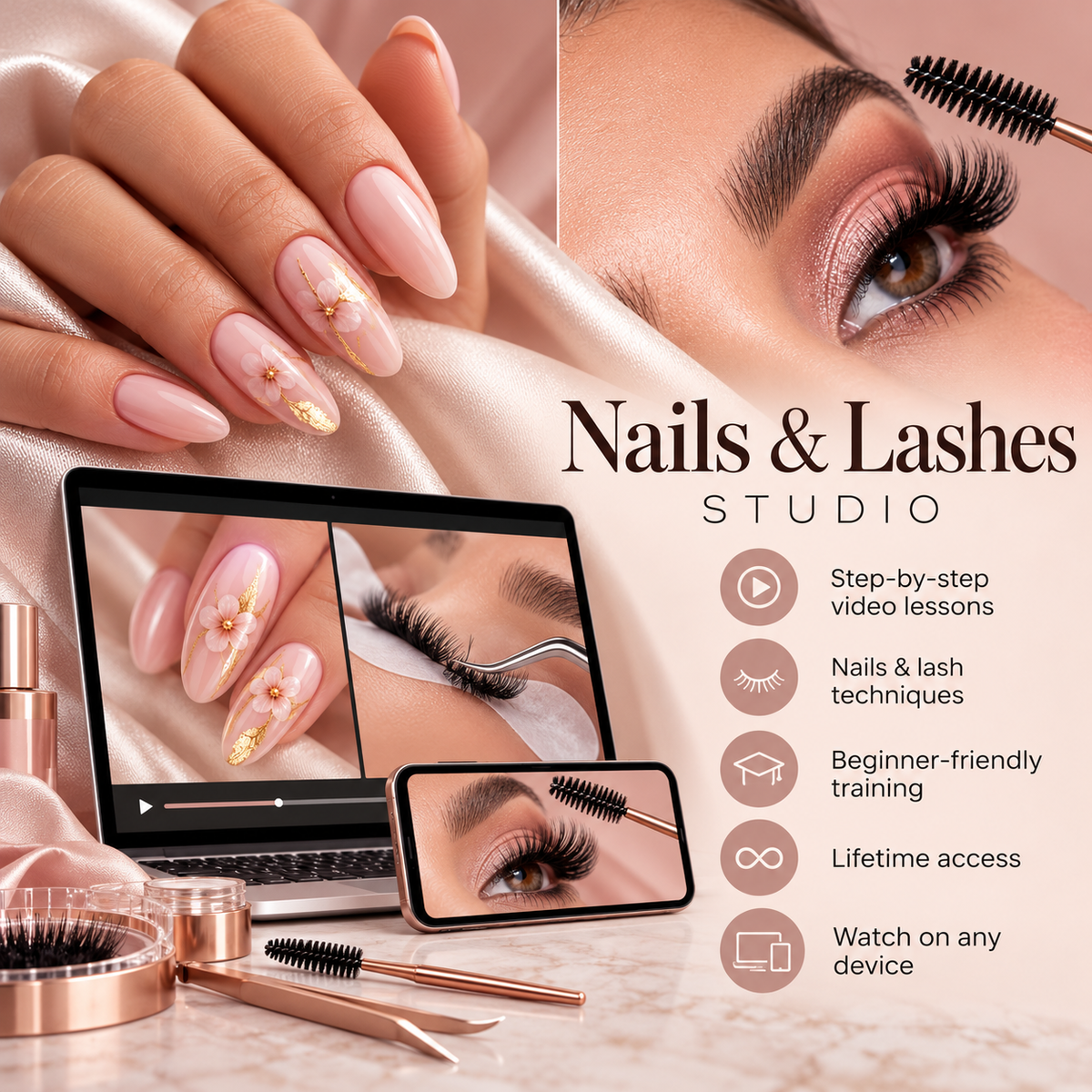 Nails and Lashes Video Course covering nail art, manicures and lash styling